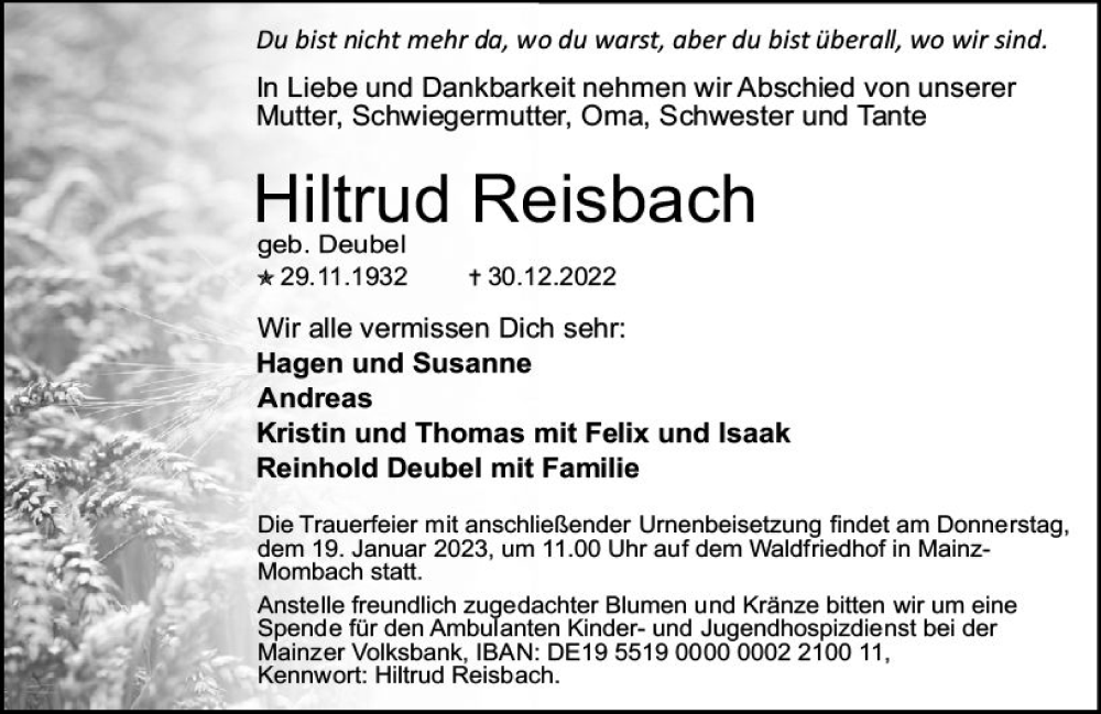  Traueranzeige für Hiltrud Reisbach vom 14.01.2023 aus Allgemeine Zeitung Mainz