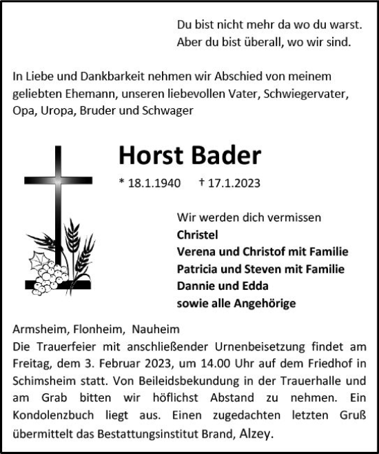 Traueranzeige von Horst Bader von Allgemeine Zeitung Alzey