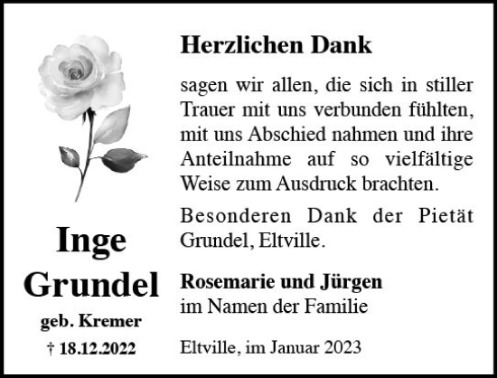 Traueranzeige von Inge Grundel von WK Rheingau