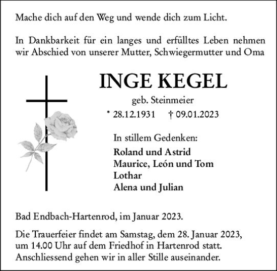 Traueranzeige von Inge Kegel von Hinterländer Anzeiger