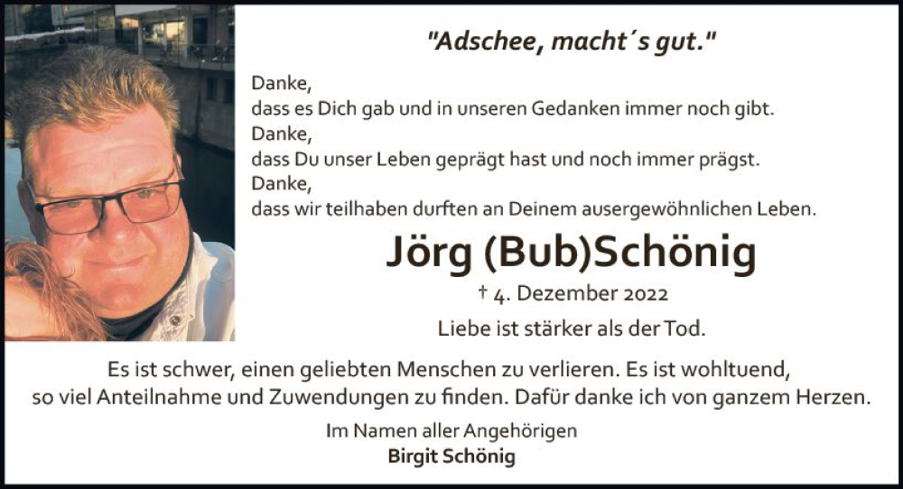  Traueranzeige für Jörg Schönig vom 21.01.2023 aus Allgemeine Zeitung Mainz