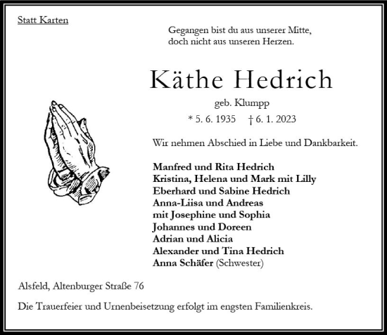 Traueranzeige von Käthe Hedrich von OK Oberhessen Kurier