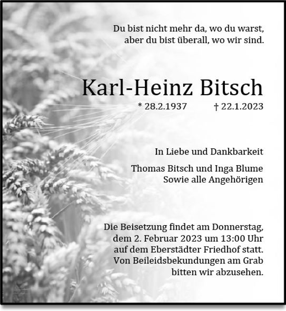  Traueranzeige für Karl-Heinz Bitsch vom 28.01.2023 aus Darmstädter Echo