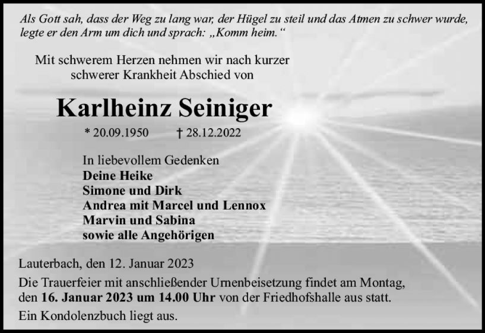  Traueranzeige für Karlheinz Seiniger vom 12.01.2023 aus VRM Trauer