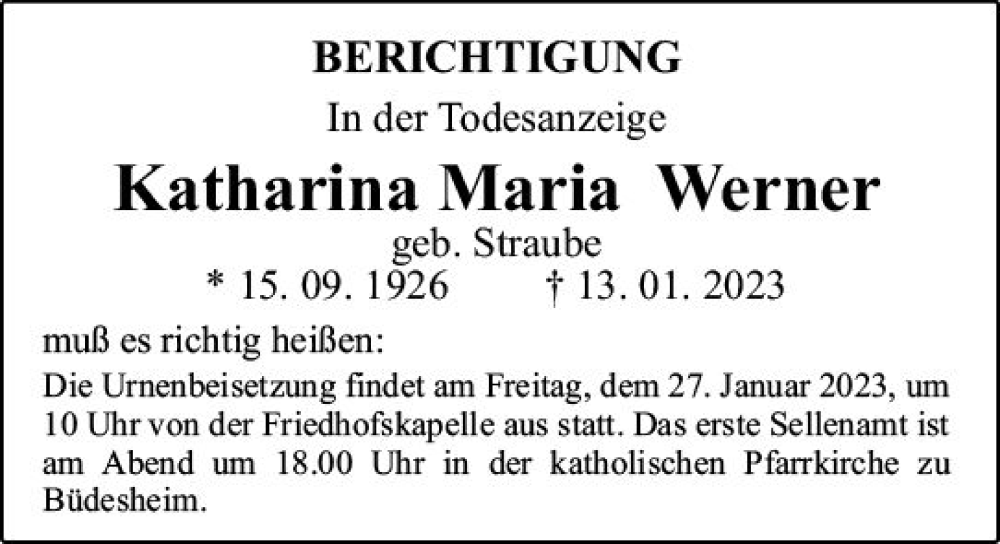  Traueranzeige für Katharina Maria Werner vom 23.01.2023 aus Allgemeine Zeitung Ingelheim-Bingen