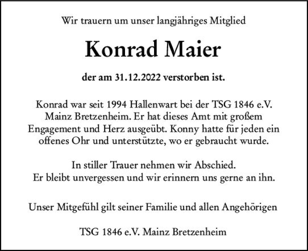  Traueranzeige für Konrad Maier vom 14.01.2023 aus Allgemeine Zeitung Mainz