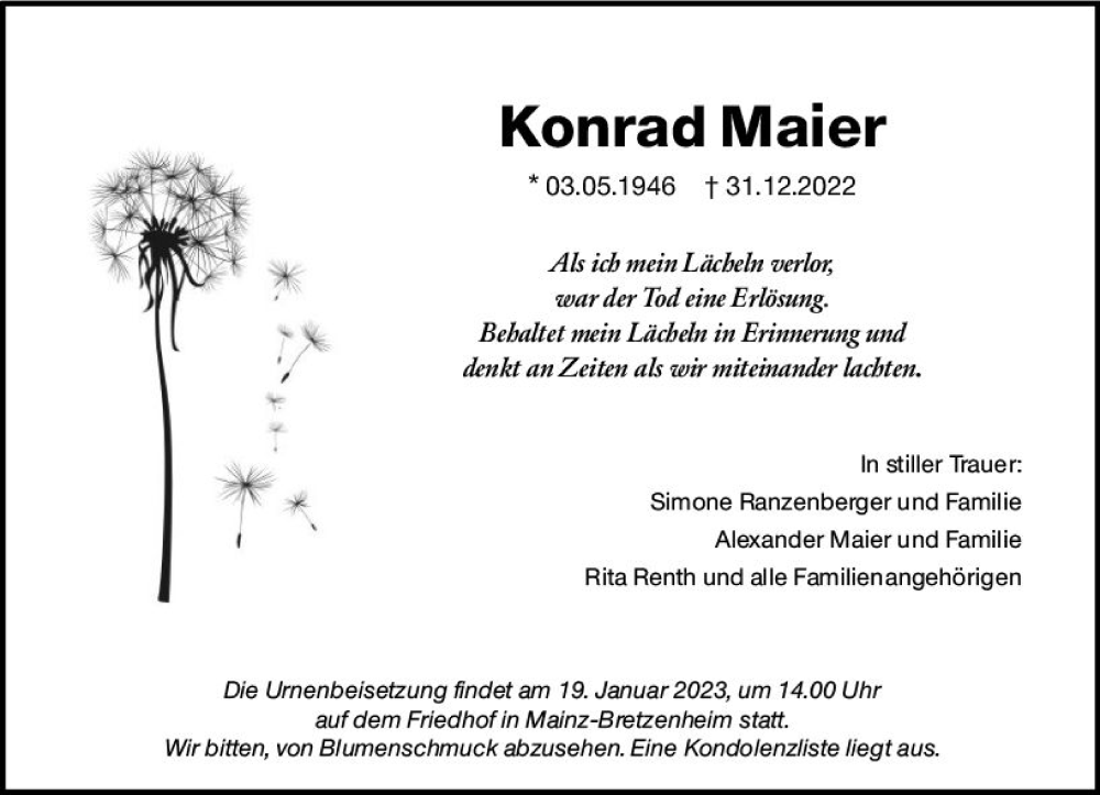 Traueranzeige für Konrad Maier vom 14.01.2023 aus Allgemeine Zeitung Mainz