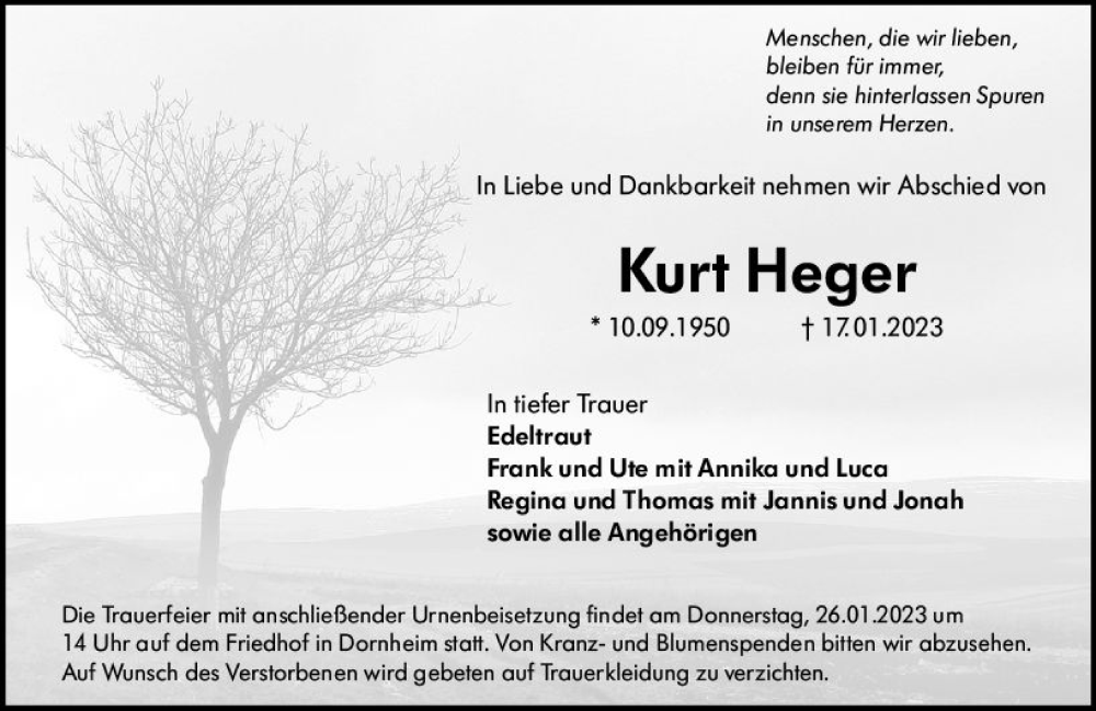  Traueranzeige für Kurt Heger vom 21.01.2023 aus Groß-Gerauer Echo