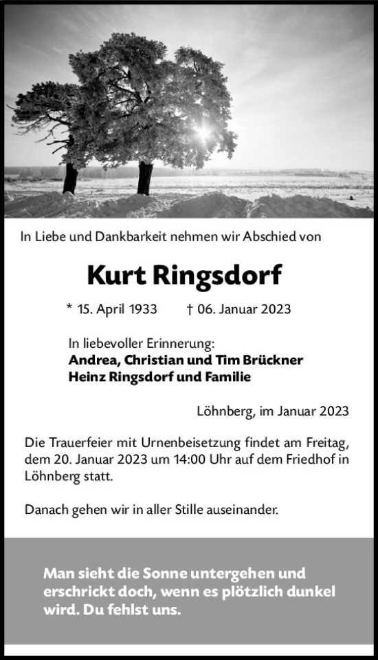 Traueranzeige von Kurt Ringsdorf von Weilburger Tageblatt