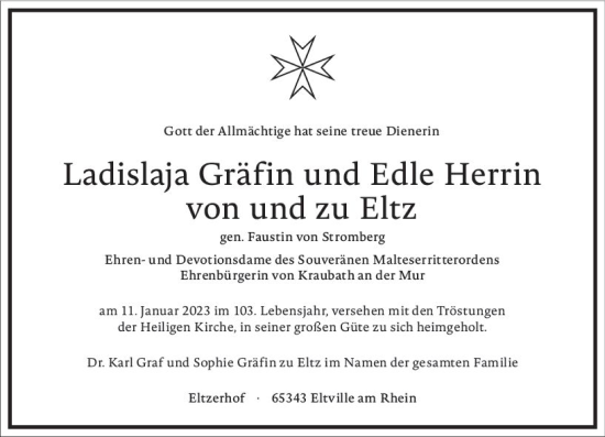 Traueranzeige von Ladislaja Gräfin und Edle Herrin von und zu Eltz von WK Rheingau