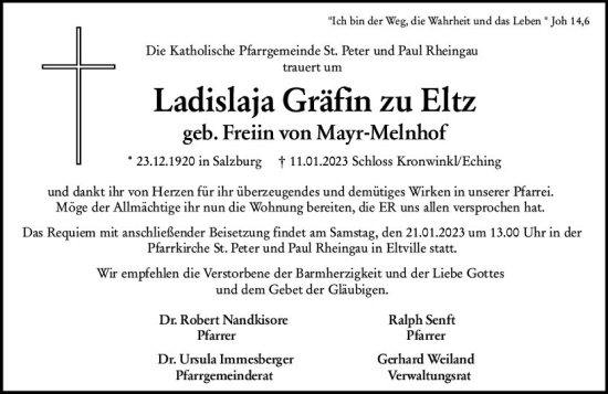 Traueranzeige von Ladislaja Gräfin und Edle Herrin von und zu Eltz von WK Rheingau
