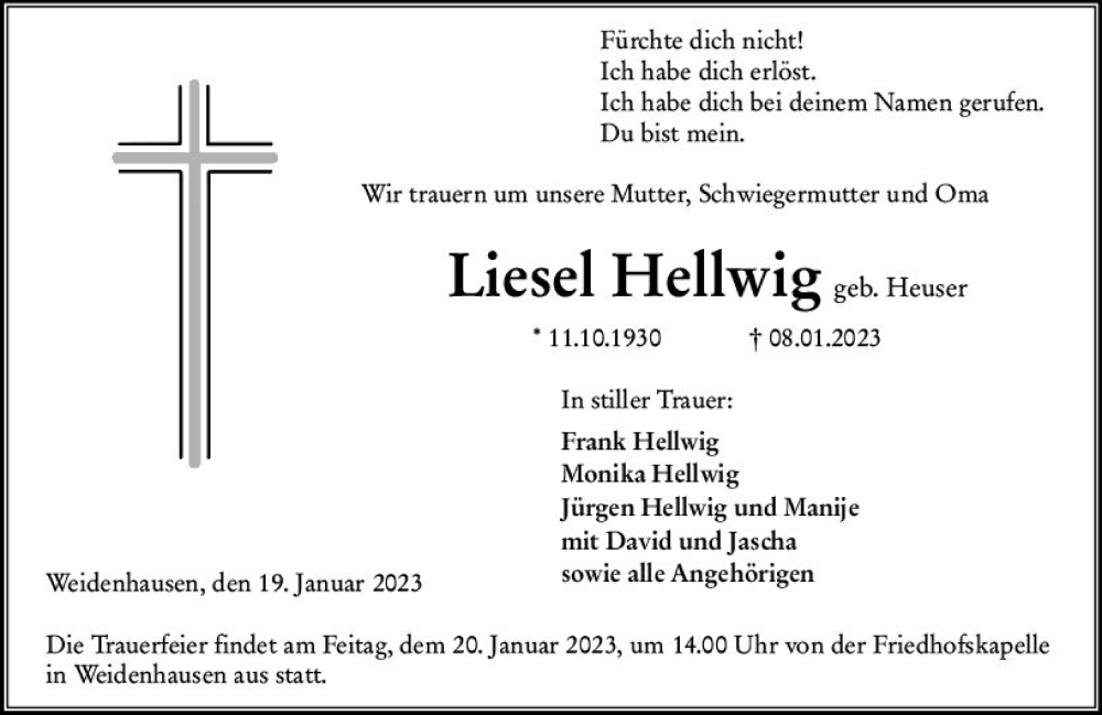  Traueranzeige für Liesel Hellwig vom 18.01.2023 aus Hinterländer Anzeiger