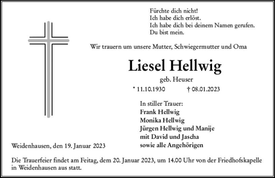 Traueranzeige von Liesel Hellwig von Hinterländer Anzeiger