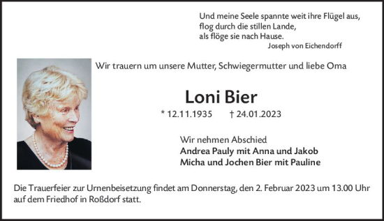 Traueranzeige von Loni Bier von Darmstädter Echo