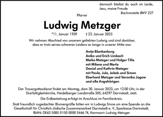 Traueranzeige von Ludwig Metzger von Darmstädter Echo