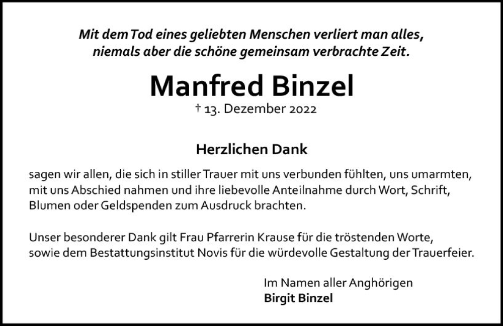  Traueranzeige für Manfred Binzel vom 28.01.2023 aus Allgemeine Zeitung Mainz