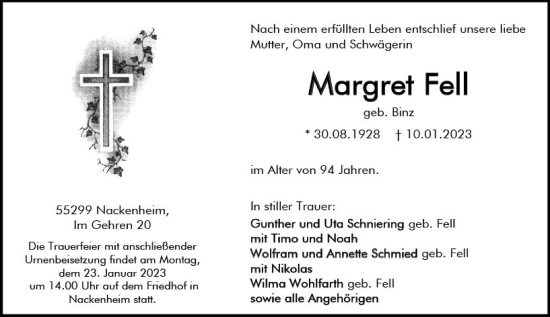Traueranzeige von Margret Fell von Allgemeine Zeitung Mainz