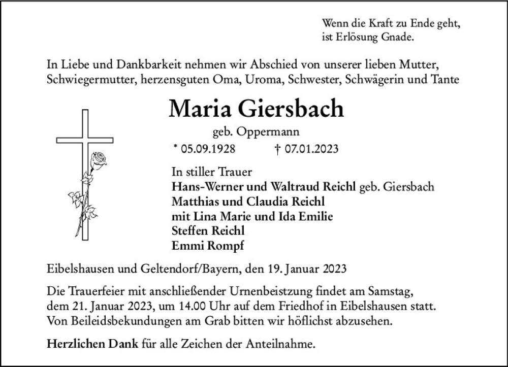  Traueranzeige für Maria Giersbach vom 19.01.2023 aus Dill Block