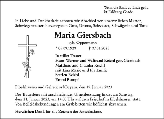 Traueranzeige von Maria Giersbach von Dill Block