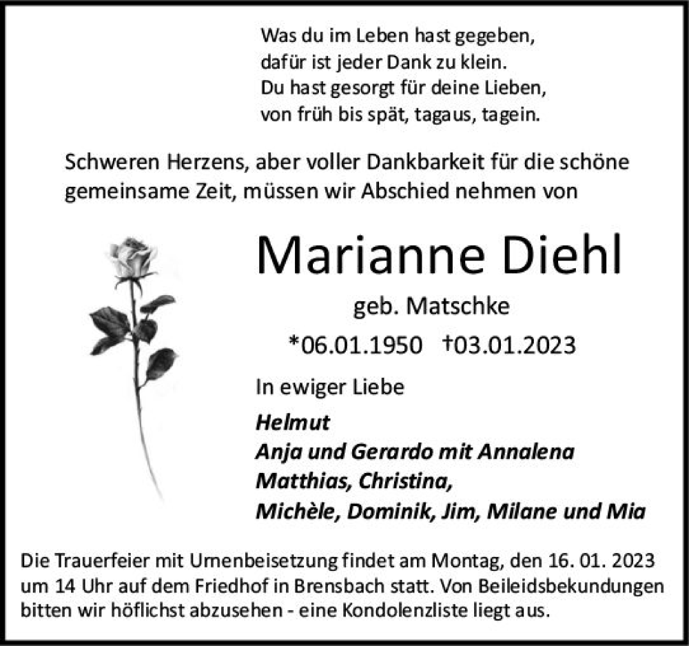  Traueranzeige für Marianne Diehl vom 14.01.2023 aus Odenwälder Echo