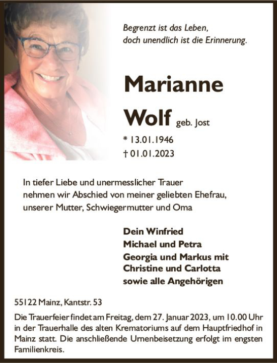 Traueranzeige von Marianne Wolf von Allgemeine Zeitung Mainz
