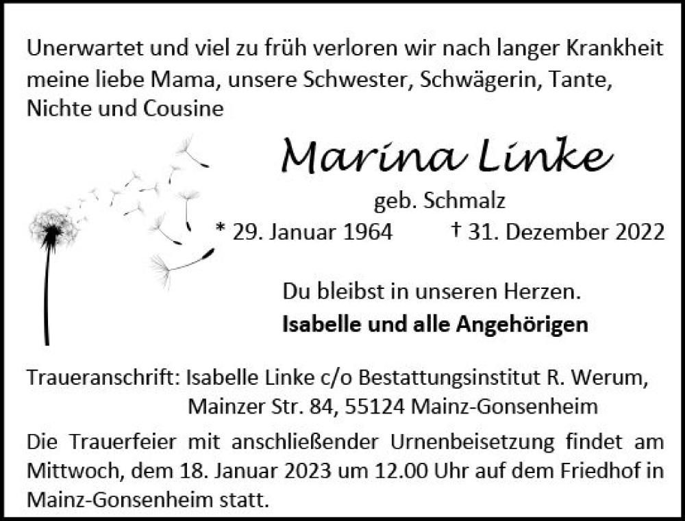  Traueranzeige für Marina Linke vom 14.01.2023 aus Allgemeine Zeitung Mainz