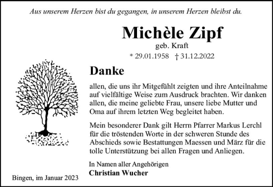 Traueranzeige von Michele Zipf von Allgemeine Zeitung Ingelheim-Bingen