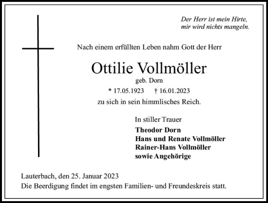 Traueranzeige von Ottilie Vollmöller von VRM Trauer