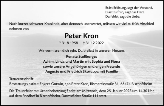 Traueranzeige von Peter Kron von Allgemeine Zeitung Mainz