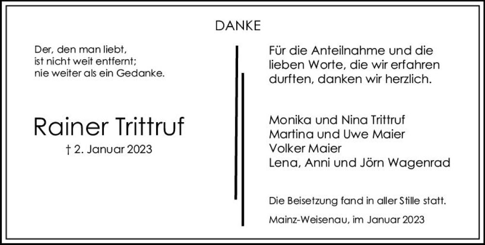  Traueranzeige für Rainer Trittruf vom 21.01.2023 aus Allgemeine Zeitung Mainz