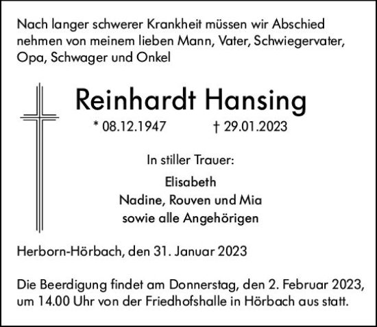 Traueranzeige von Reinhardt Hansing von Dill Block