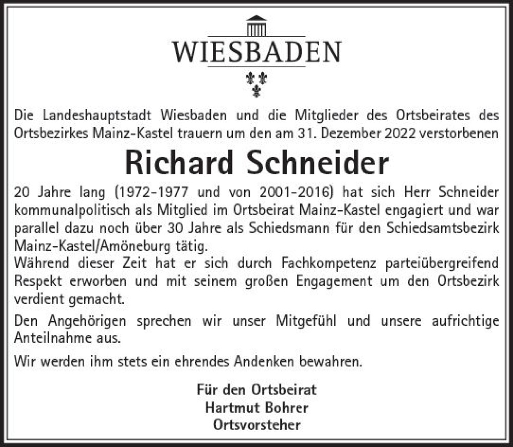  Traueranzeige für Richard Schneider vom 18.01.2023 aus Wiesbadener Kurier gesamt