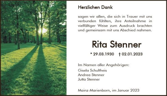 Traueranzeige von Rita Stenner von Allgemeine Zeitung Mainz