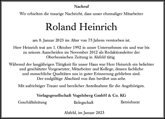 Traueranzeige von Roland Heinrich von VRM Trauer