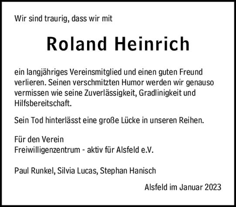  Traueranzeige für Roland Heinrich vom 16.01.2023 aus VRM Trauer