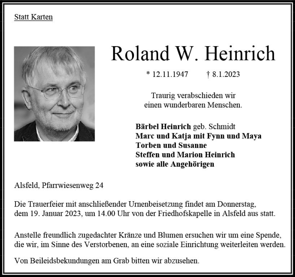  Traueranzeige für Roland W. Heinrich vom 14.01.2023 aus VRM Trauer