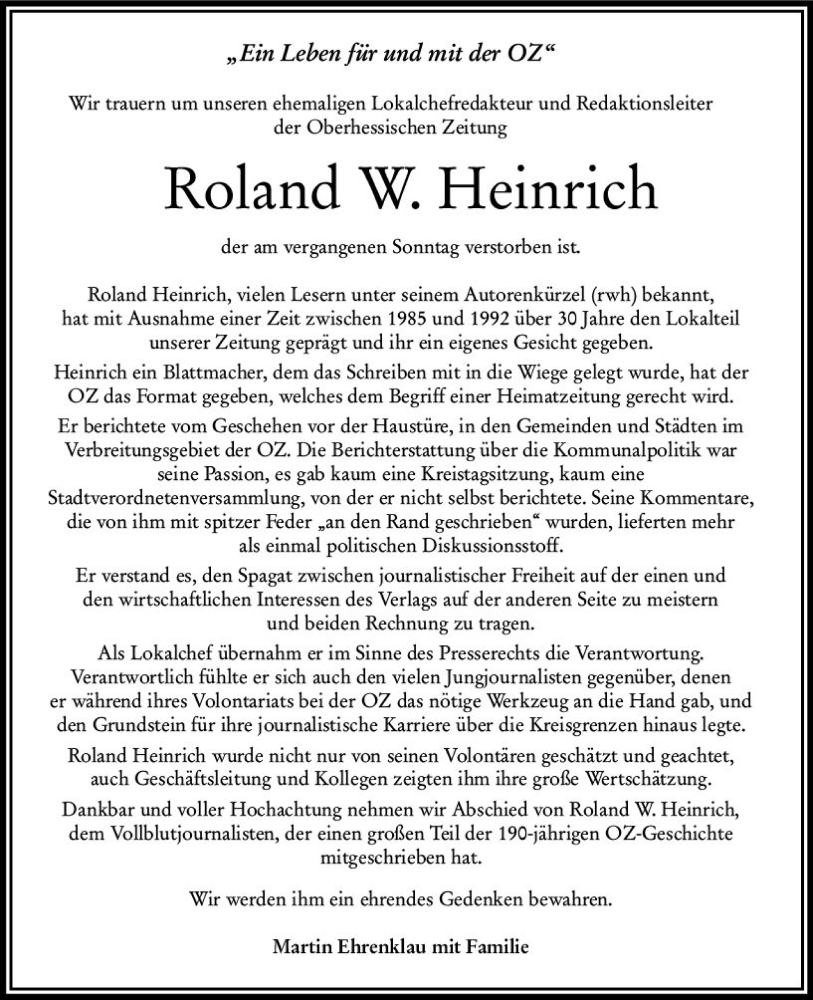  Traueranzeige für Roland W. Heinrich vom 14.01.2023 aus VRM Trauer