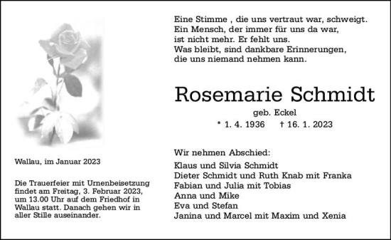 Traueranzeige von Rosemarie Schmidt von Hinterländer Anzeiger