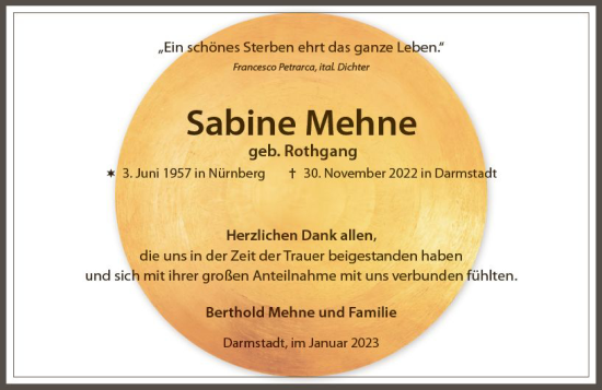 Traueranzeige von Sabine Mehne von Darmstädter Echo