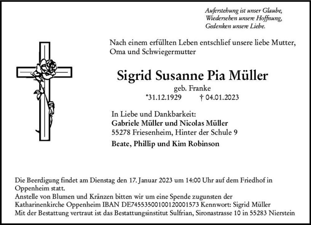  Traueranzeige für Sigrid Susanne Pia Müller vom 14.01.2023 aus Allgemeine Zeitung Mainz