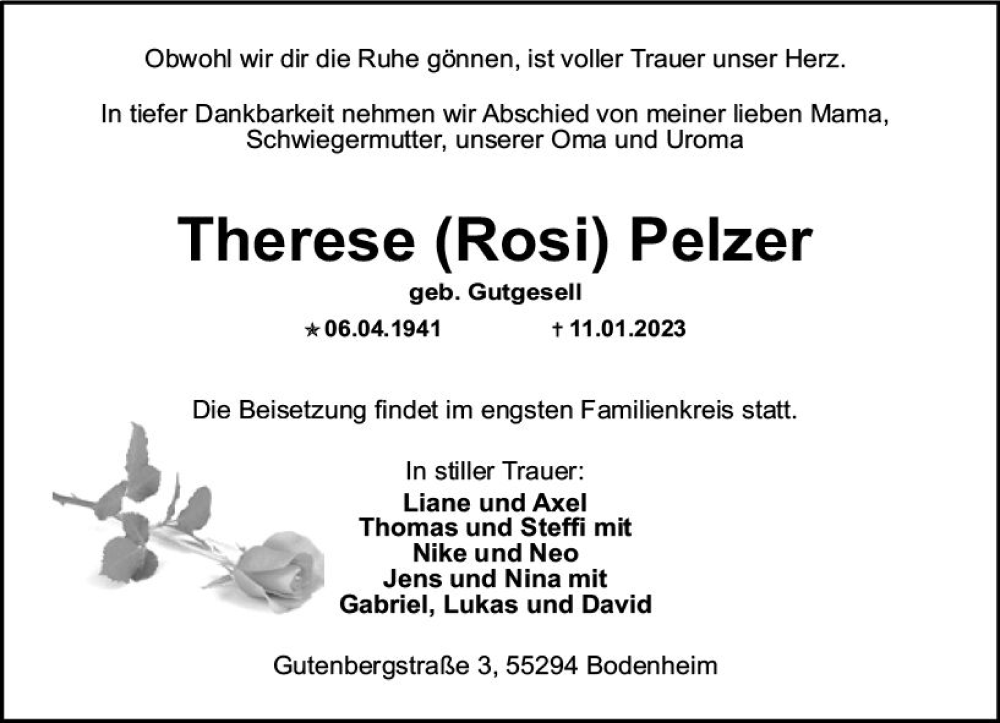  Traueranzeige für Therese Pelzer vom 18.01.2023 aus Allgemeine Zeitung Mainz