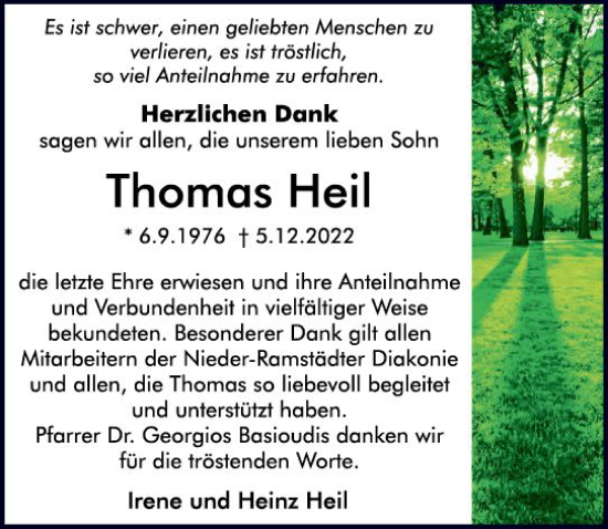 Traueranzeige von Thomas Heil von Bergsträßer Anzeiger