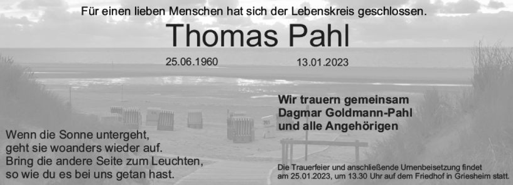  Traueranzeige für Thomas Pahl vom 21.01.2023 aus Darmstädter Echo