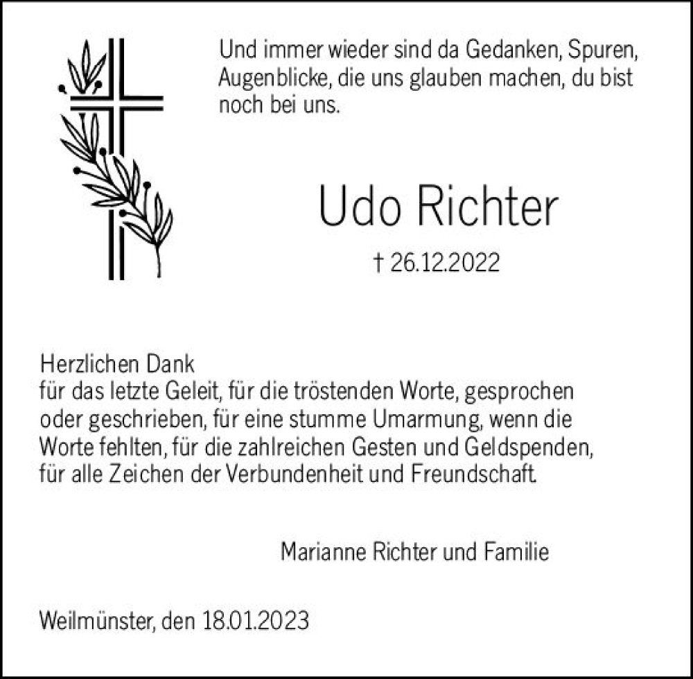  Traueranzeige für Udo Richter vom 19.01.2023 aus Weilburger Tageblatt