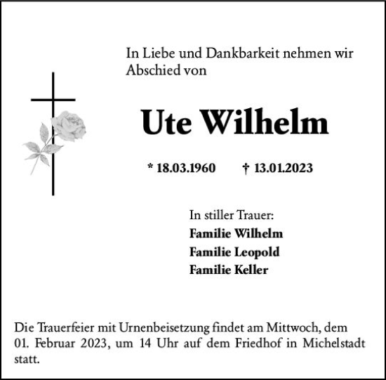 Traueranzeige von Ute Wilhelm von Odenwälder Echo
