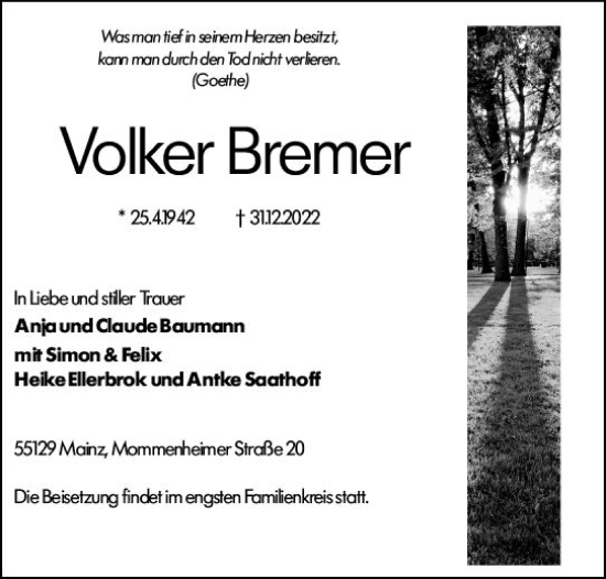 Traueranzeige von Volker Bremer von Groß-Gerauer Echo