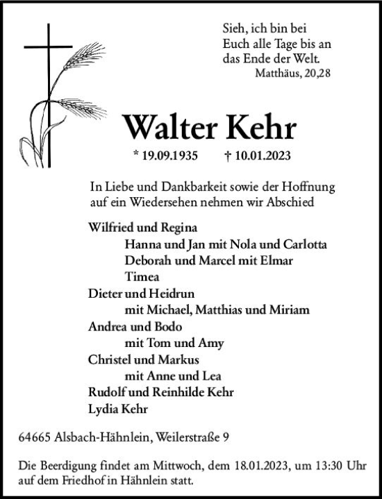 Traueranzeige von Walter Kehr von Bergsträßer Anzeiger