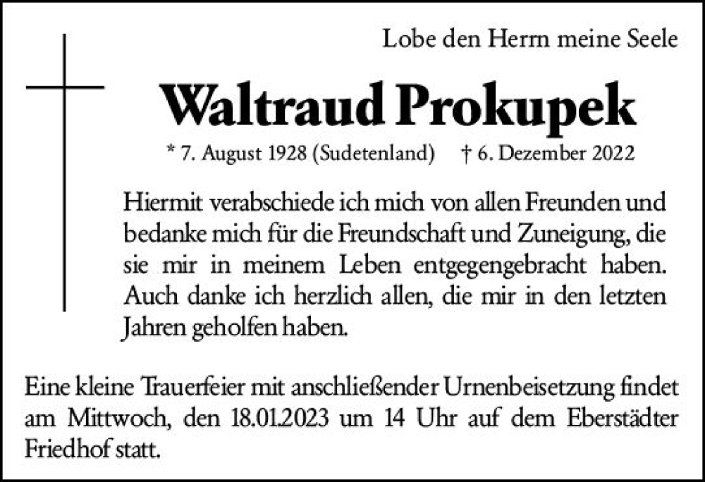  Traueranzeige für Waltraud Prokupek vom 12.01.2023 aus Darmstädter Echo