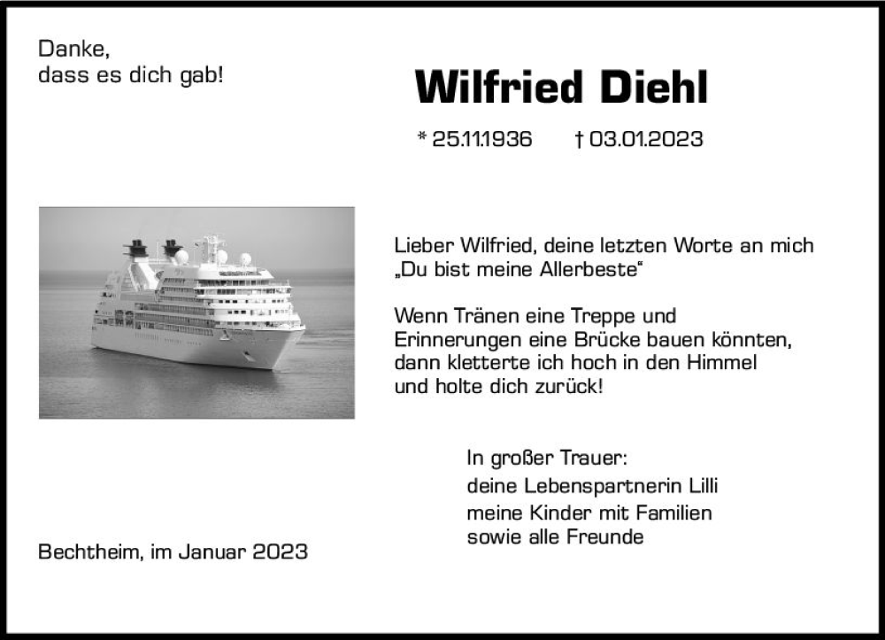  Traueranzeige für Wilfried Diehl vom 14.01.2023 aus Wormser Zeitung