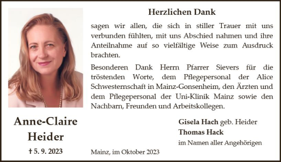 Traueranzeige von Anne-Claire Heider von Allgemeine Zeitung Mainz